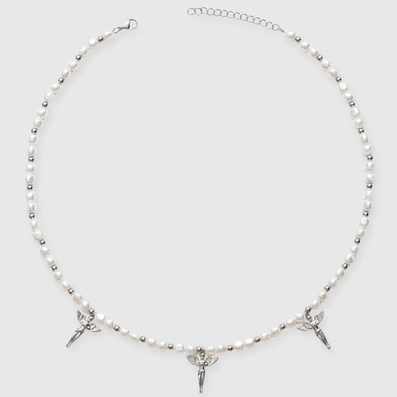 5mm Angels Motif Beaded Pearl Necklace - White Gold - Adamans - 