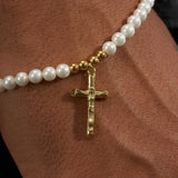 5mm CROSS PEARL BRACELET - GOLD