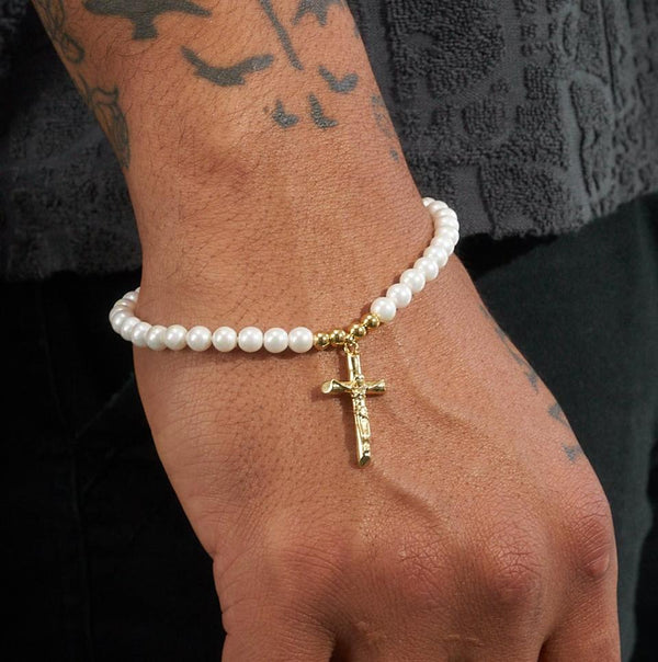 5mm CROSS PEARL BRACELET - GOLD