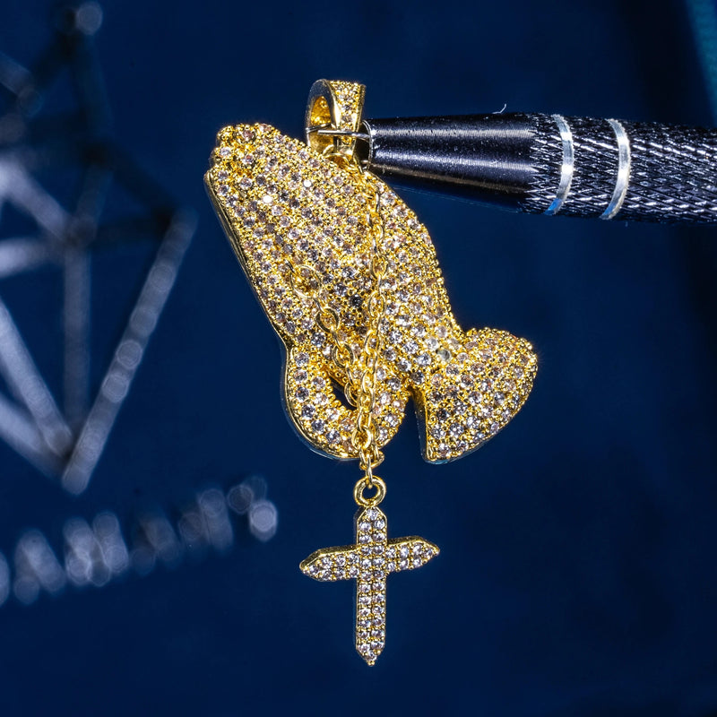 Iced Praying Hands Pendant - Gold