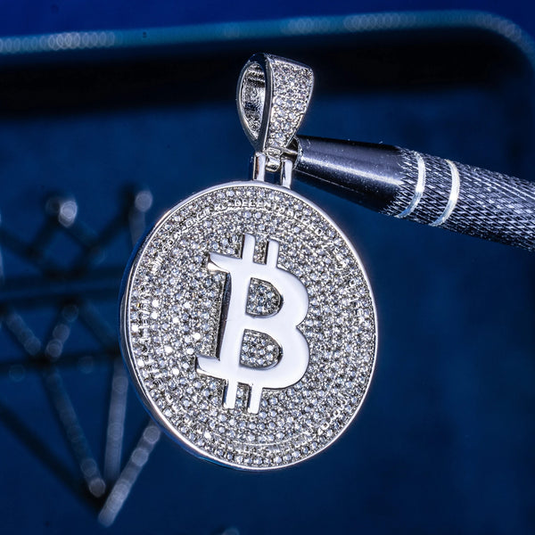 Iced Bitcoin Pendant - White Gold