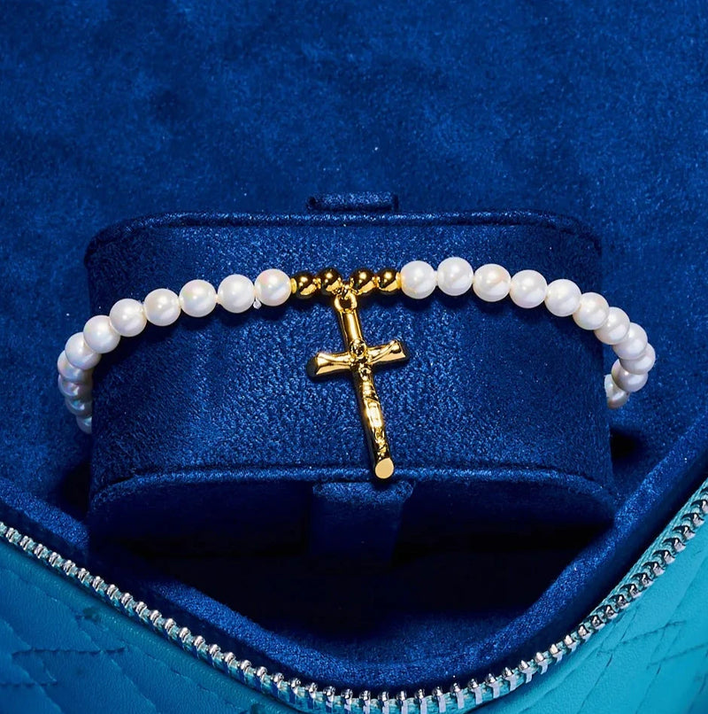 5mm CROSS PEARL BRACELET - GOLD