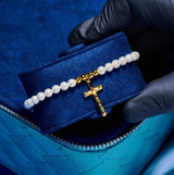 5mm CROSS PEARL BRACELET - GOLD