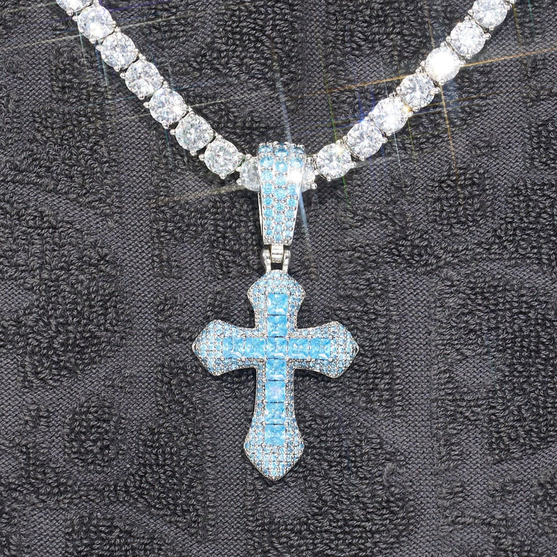 Iced Blue Moissanite Celtic Cross Pendant - 925 Silver