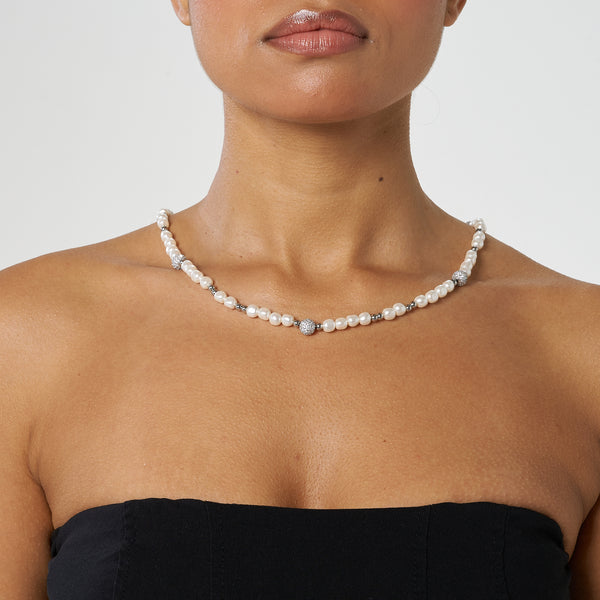 5mm Iced Beaded Pearl Necklace - White Gold