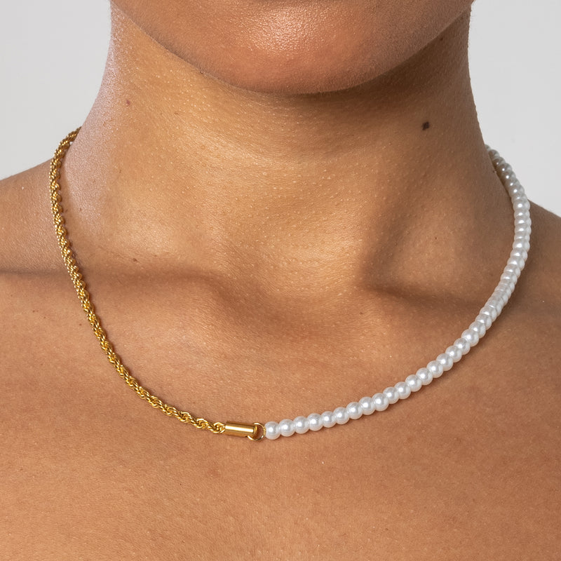 4mm Half Pearl & Rope Necklace - Gold