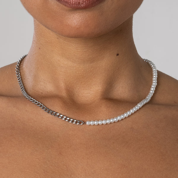 4mm Half Pearl & Cuban Necklace - White Gold