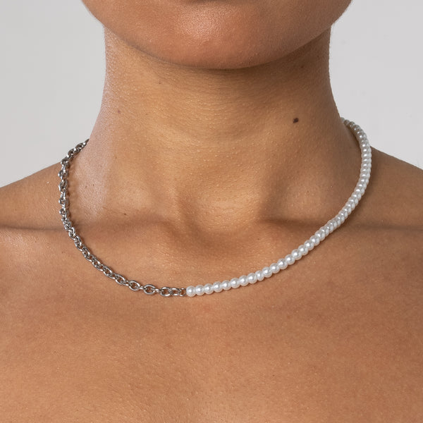 4mm Half Pearl & Cable Necklace - White Gold