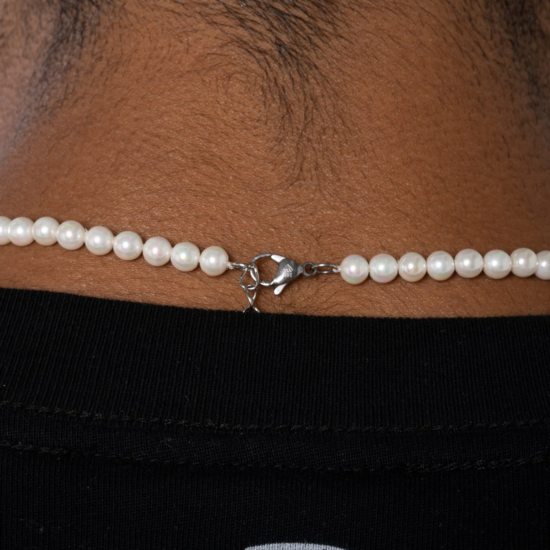 5mm Micro Lock Motif Pearl Necklace - White Gold