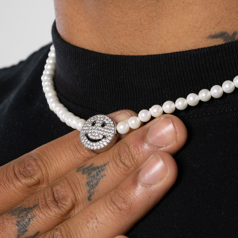 Iced Smiley Face Motif Pearl Chain - White Gold