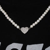 5mm Iced Heart Motif Pearl Necklace - White Gold