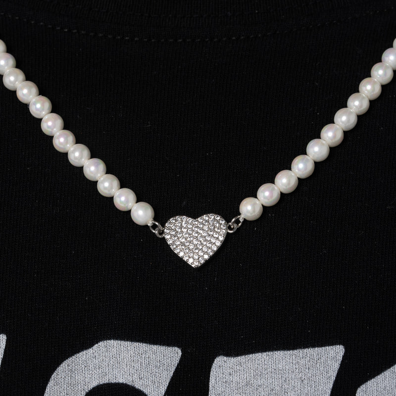 5mm Iced Heart Motif Pearl Necklace - White Gold