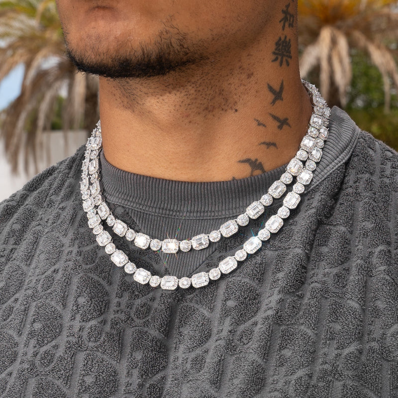 9mm Clustered Tennis Chain - White Gold