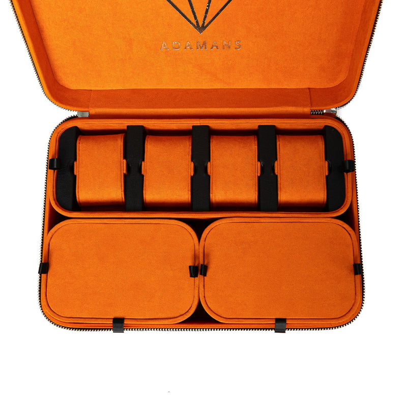 Leather Travel Jewellery Case - Jet Black & Orange - Adamans
