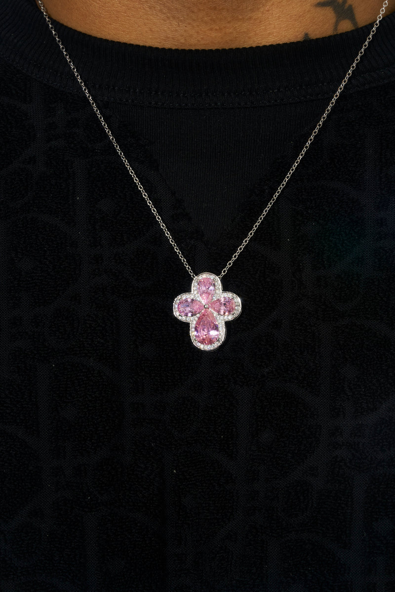 Pink Gemstone Four Leaf Clover Adjustable Necklace- White Gold