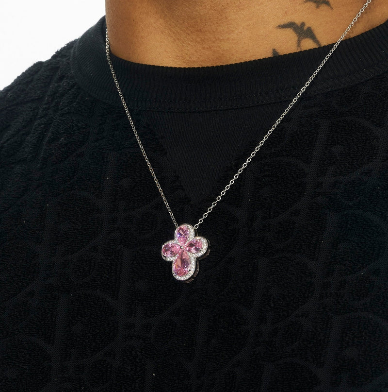 Pink Gemstone Four Leaf Clover Adjustable Necklace- White Gold