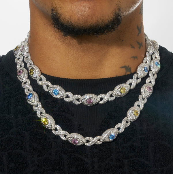 14MM Multi Gemstone Evil Eye Eternity Chain - White Gold