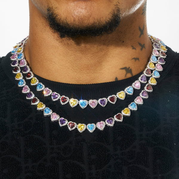 10MM Multi Gemstone & White Heart Chain - White Gold