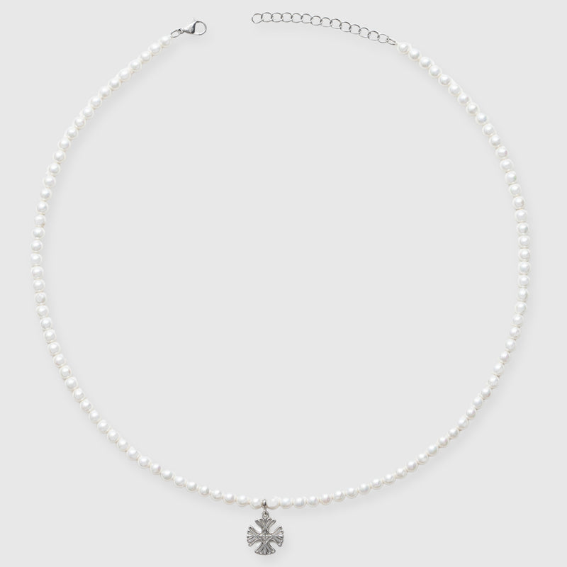 5mm Celtic Cross Motif Pearl Necklace - White Gold