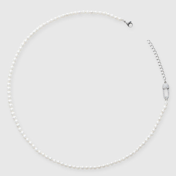 5mm Paper Clip Pearl Necklace - White Gold