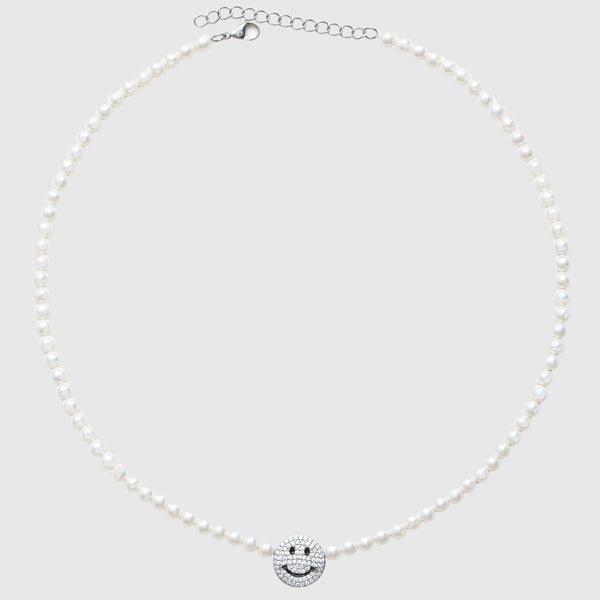 Iced Smiley Face Motif Pearl Chain - White Gold