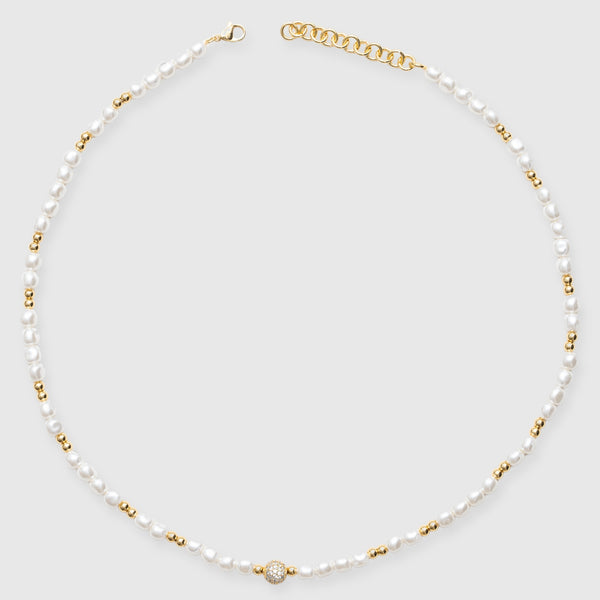 5mm Iced Bead Pearl Necklace - Gold