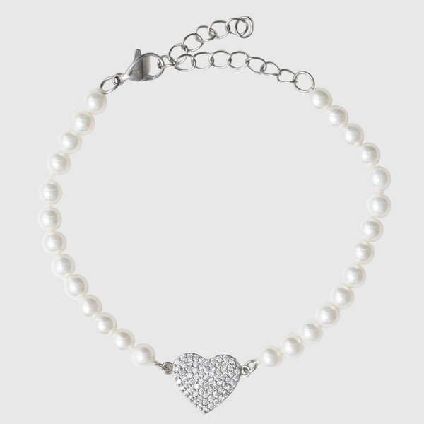 5mm Iced Heart Motif Pearl Bracelet - White Gold