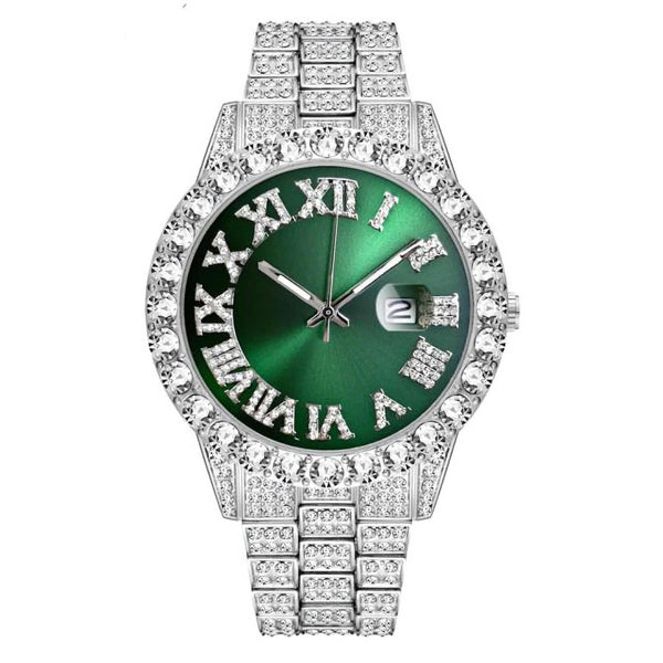 Emerald Numeral Dial Diamond Simulant Watch - Silver - Adamans