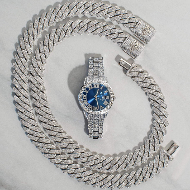 Adamans Sapphire Numeral Dial Diamond Simulant Watch - Silver
